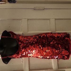 Red sleeveless sequin slip dress